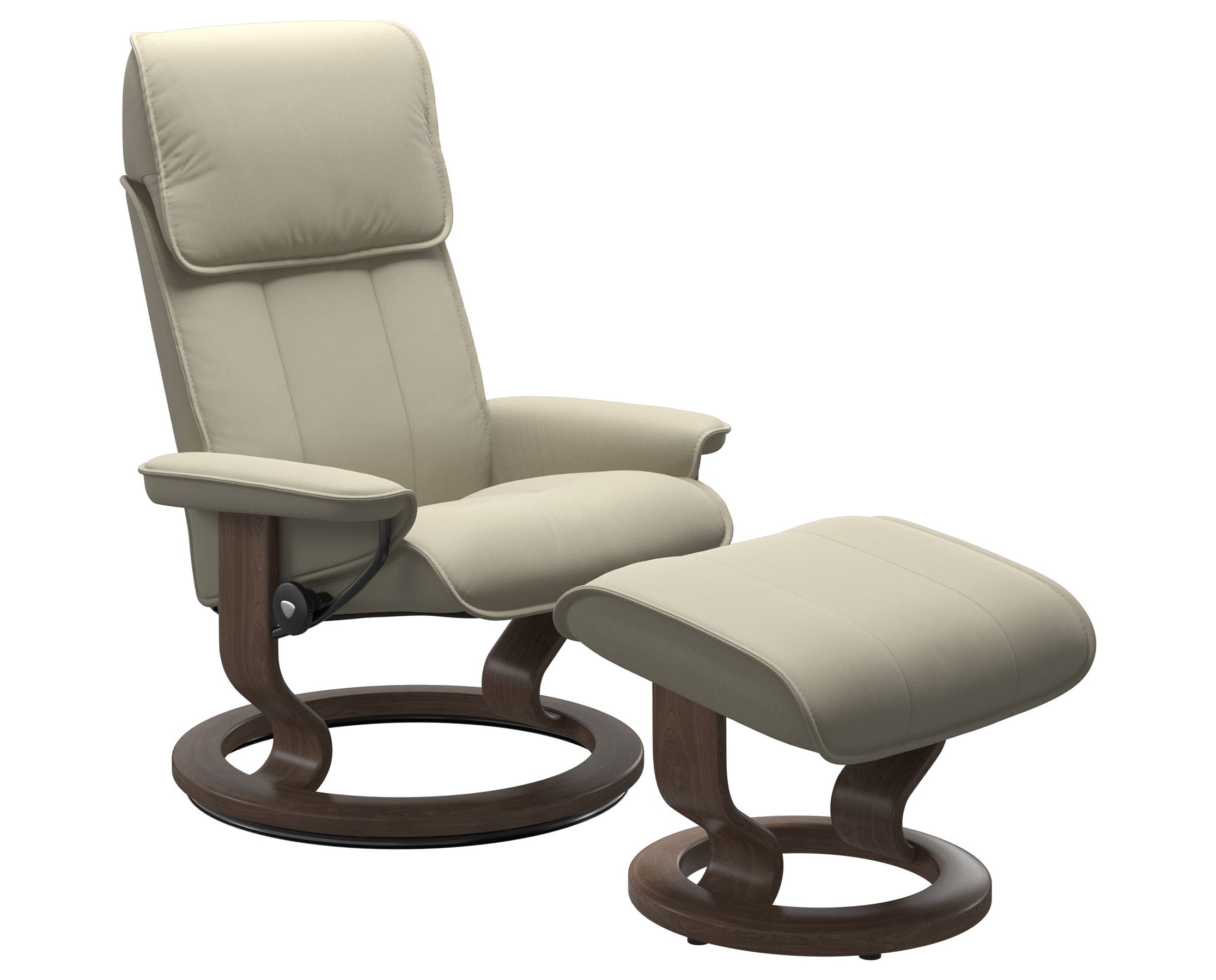 Paloma Leather Light Grey M/L and Walnut Base | Stressless Admiral Classic Recliner | Valley Ridge Furniture