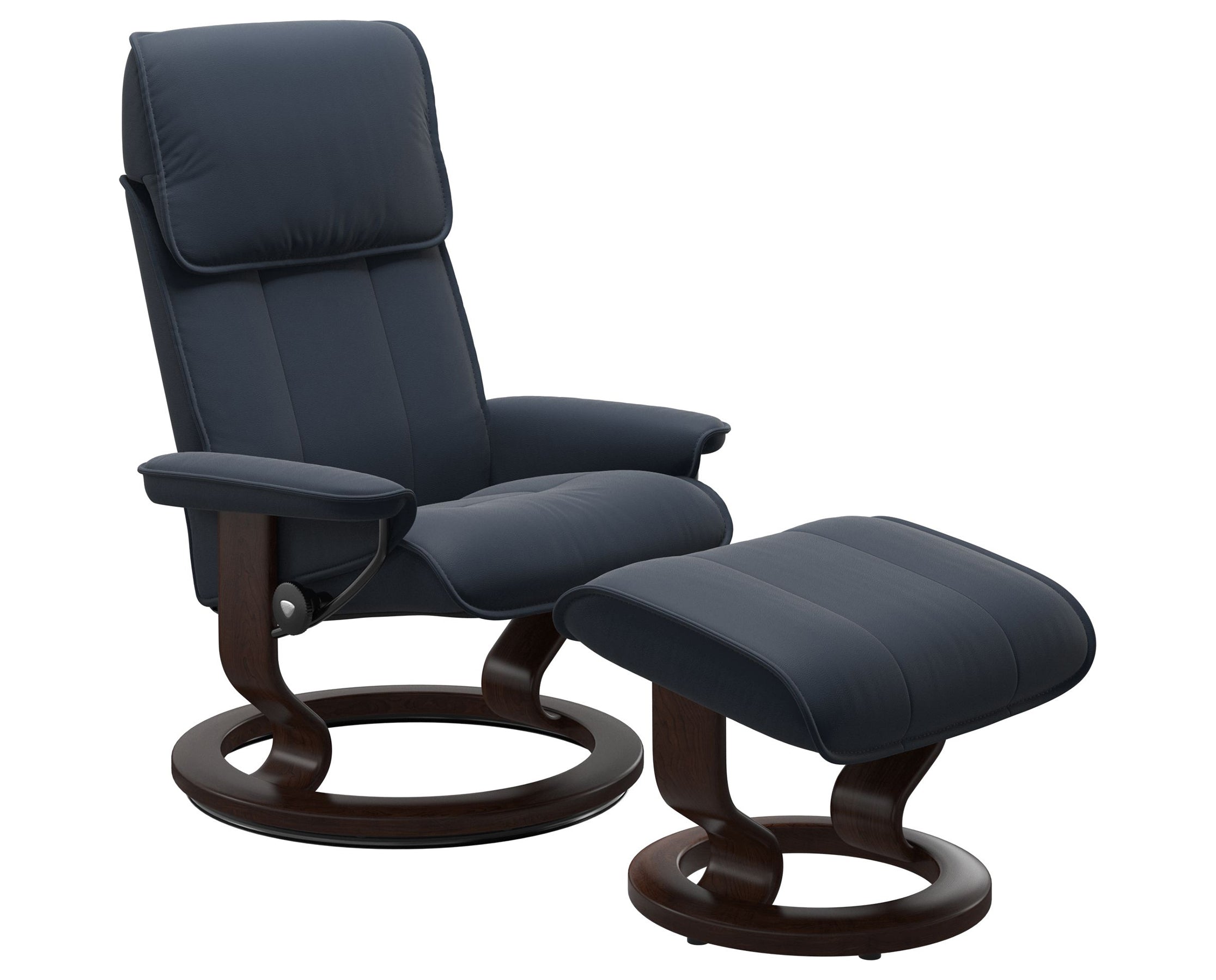 Paloma Leather Oxford Blue M/L and Brown Base | Stressless Admiral Classic Recliner | Valley Ridge Furniture