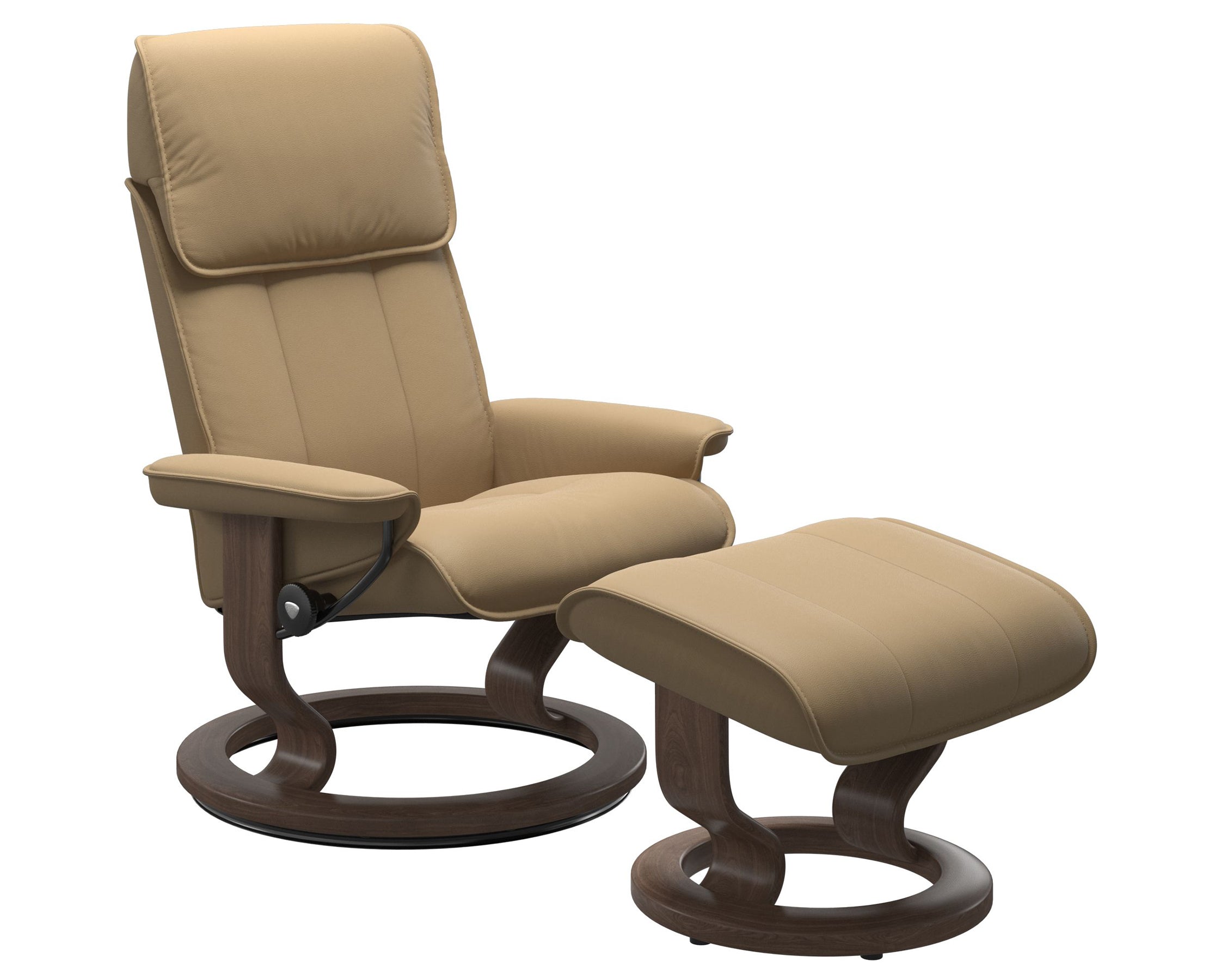 Paloma Leather Sand M/L and Walnut Base | Stressless Admiral Classic Recliner | Valley Ridge Furniture