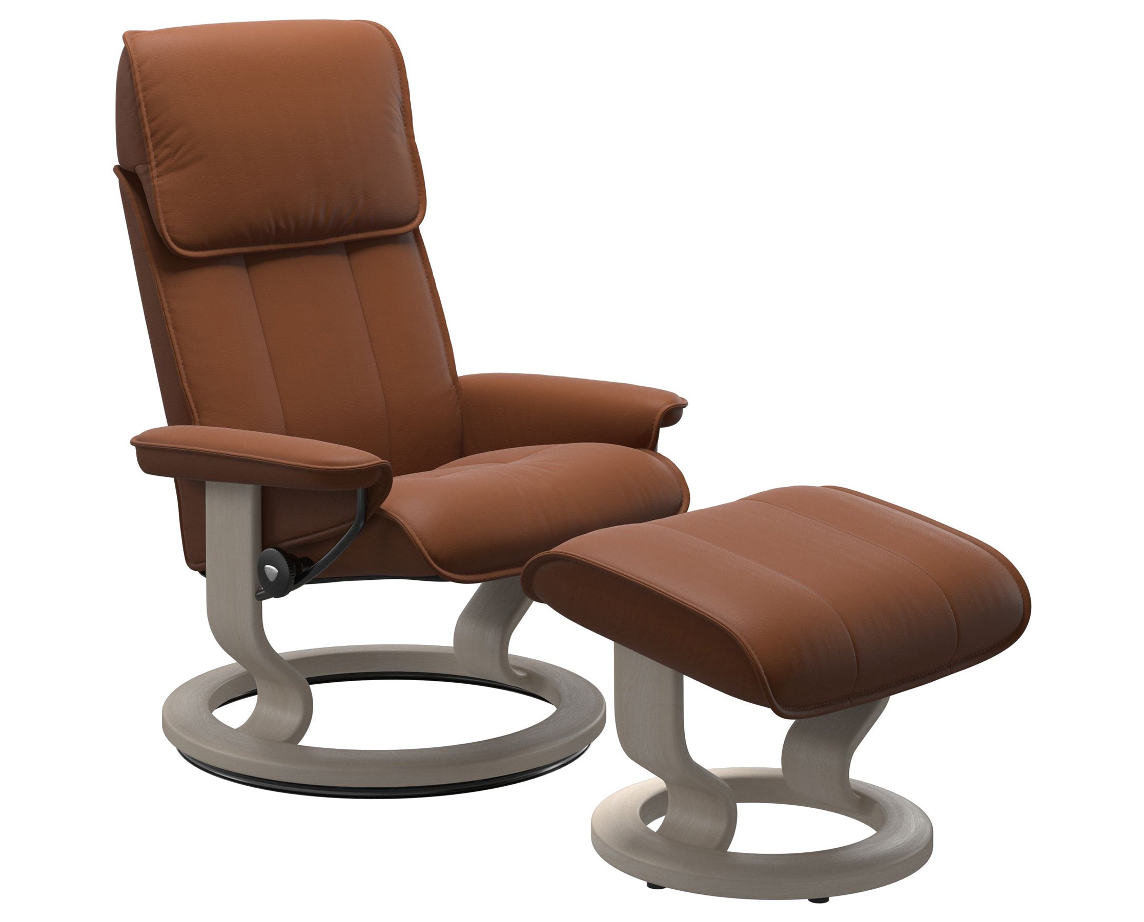 Paloma Leather New Cognac M/L and Whitewash Base | Stressless Admiral Classic Recliner | Valley Ridge Furniture