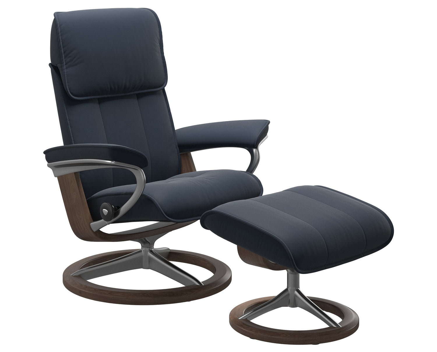 Paloma Leather Oxford Blue M/L and Walnut Base | Stressless Admiral Signature Recliner | Valley Ridge Furniture
