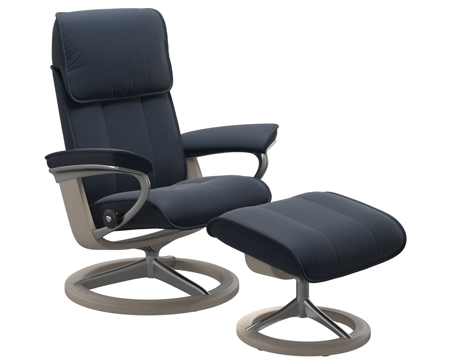 Paloma Leather Oxford Blue M/L and Whitewash Base | Stressless Admiral Signature Recliner | Valley Ridge Furniture