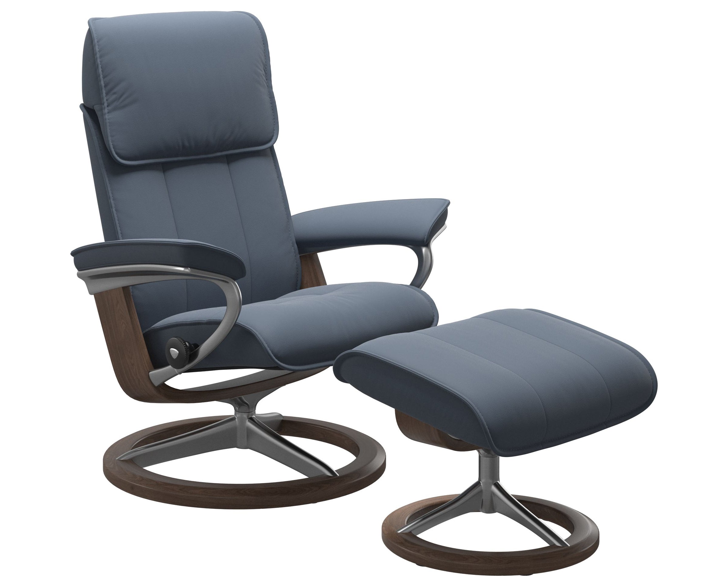 Paloma Leather Sparrow Blue L &amp; Walnut Base | Stressless Admiral Signature Recliner | Valley Ridge Furniture