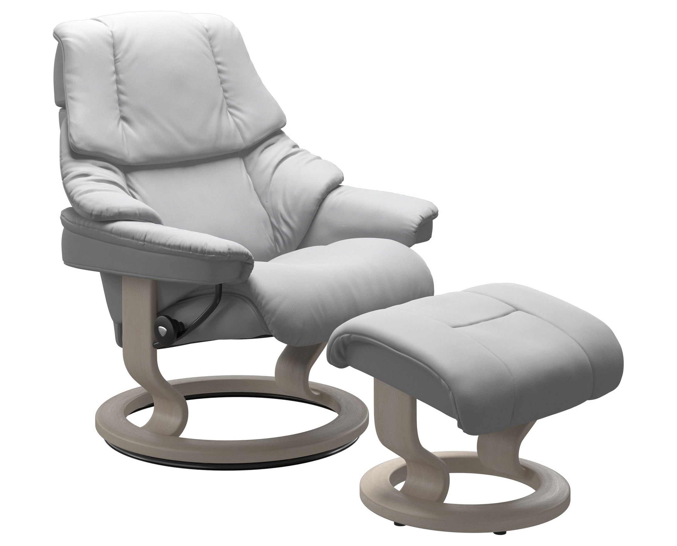 Paloma Leather Misty Grey S/M/L and Whitewash Base | Stressless Reno Classic Recliner | Valley Ridge Furniture