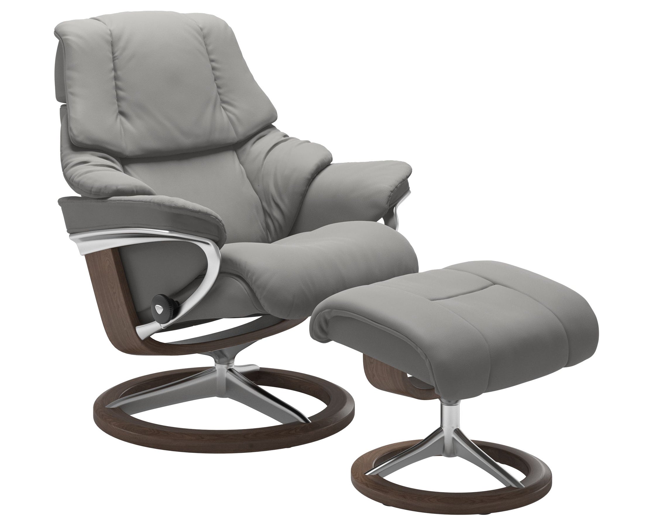 Paloma Leather Silver Grey S/M/L and Walnut Base | Stressless Reno Signature Recliner | Valley Ridge Furniture