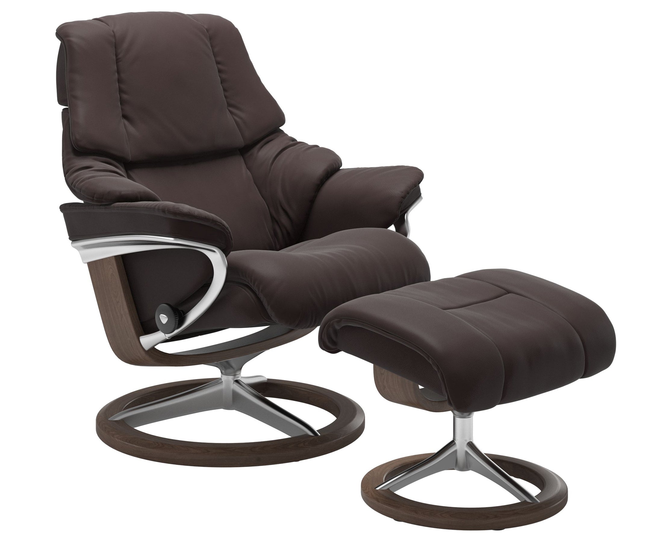 Paloma Leather Chocolate S/M/L and Walnut Base | Stressless Reno Signature Recliner | Valley Ridge Furniture