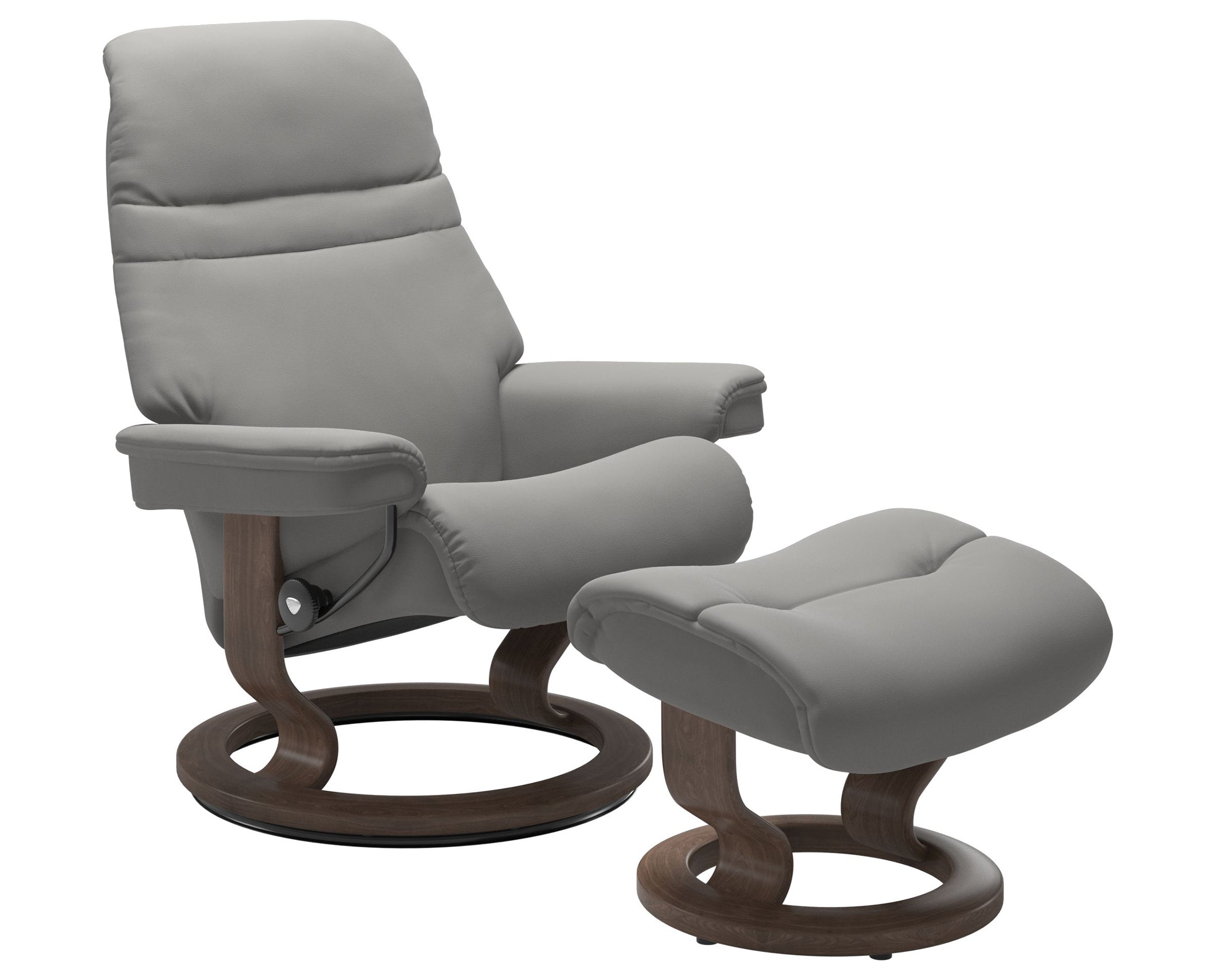 Paloma Leather Silver Grey S/M/L and Walnut Base | Stressless Sunrise Classic Recliner | Valley Ridge Furniture