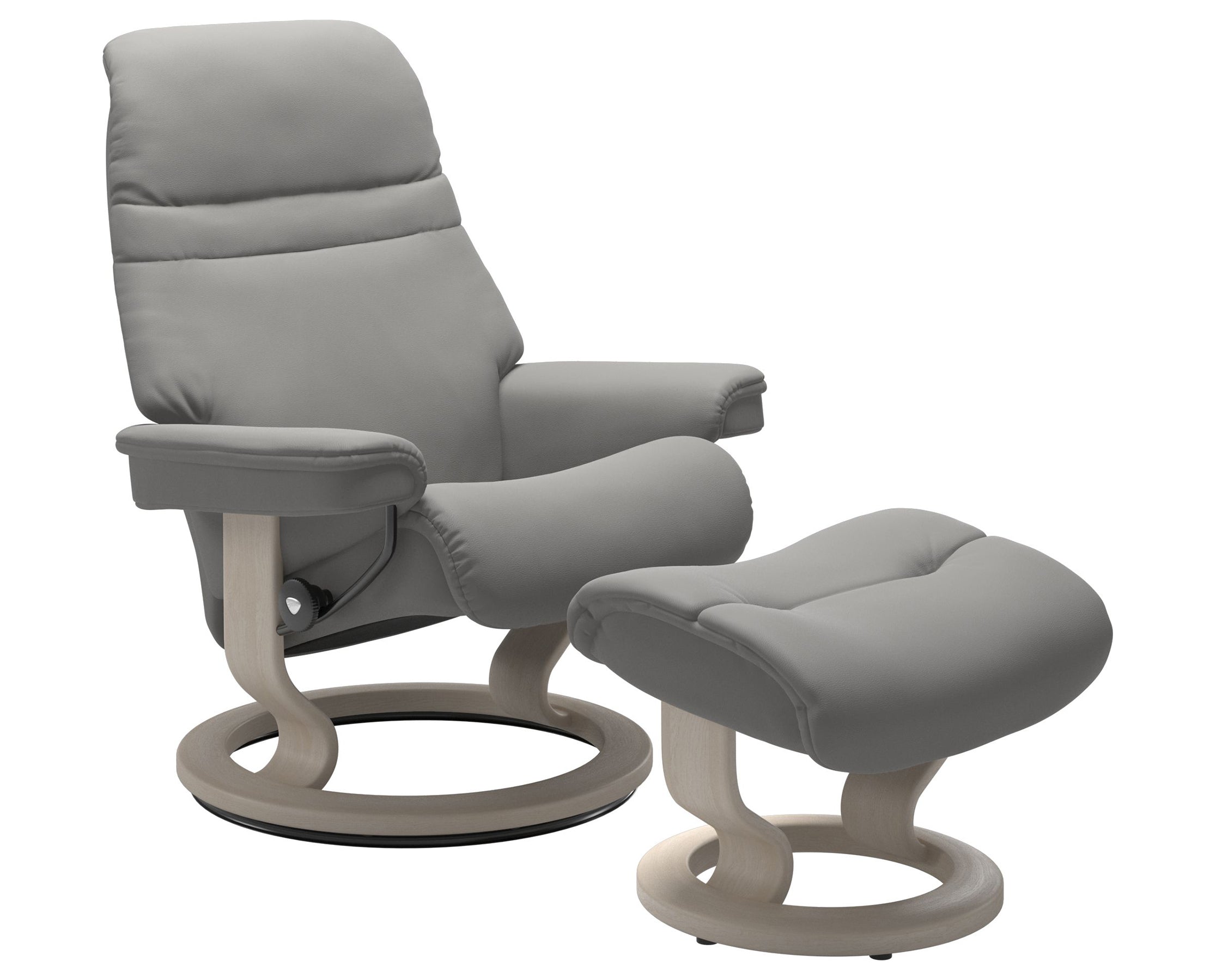 Paloma Leather Silver Grey S/M/L and Whitewash Base | Stressless Sunrise Classic Recliner | Valley Ridge Furniture