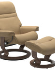 Paloma Leather Sand S/M/L and Walnut Base | Stressless Sunrise Classic Recliner | Valley Ridge Furniture