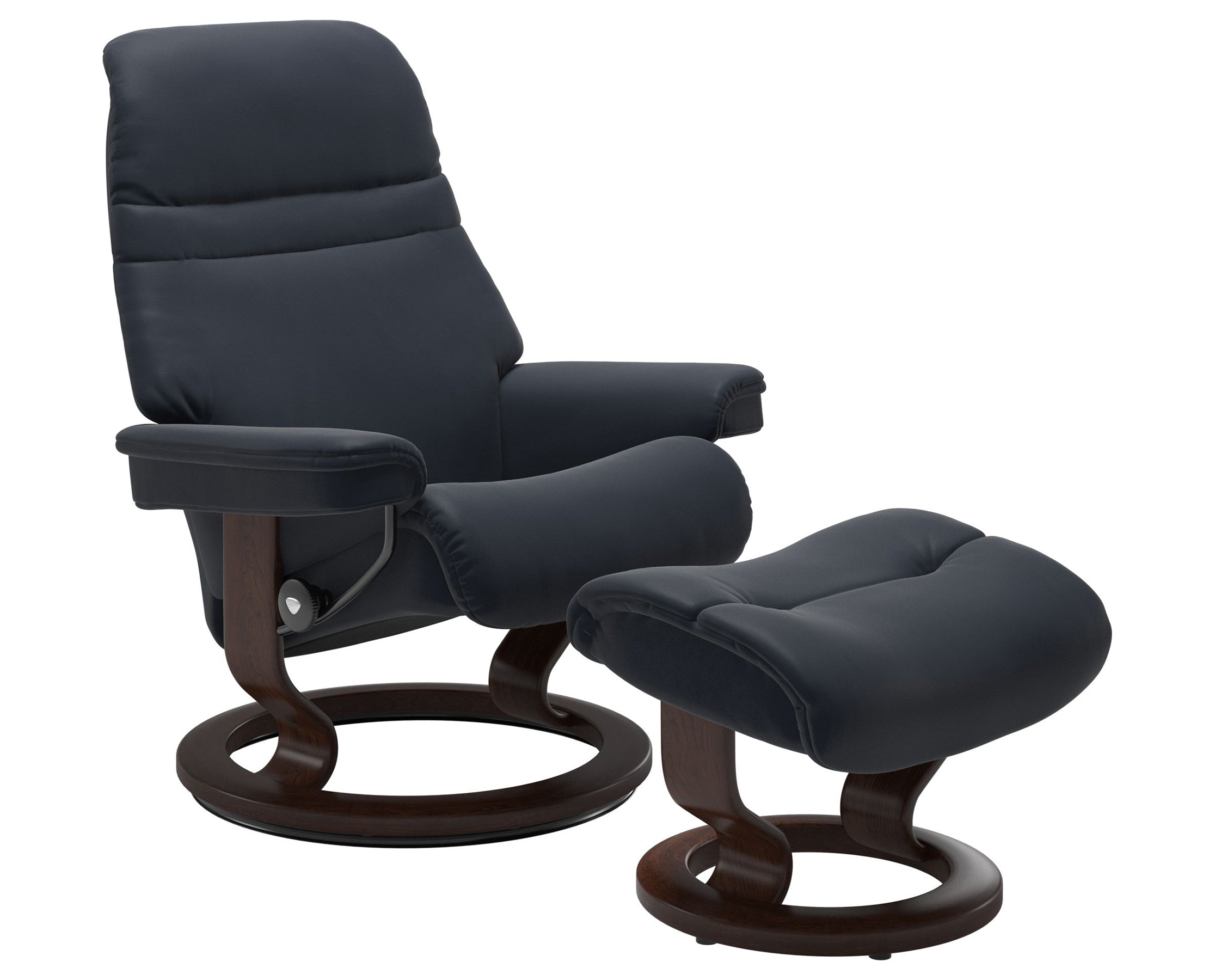 Paloma Leather Shadow Blue S/M/L and Brown Base | Stressless Sunrise Classic Recliner | Valley Ridge Furniture