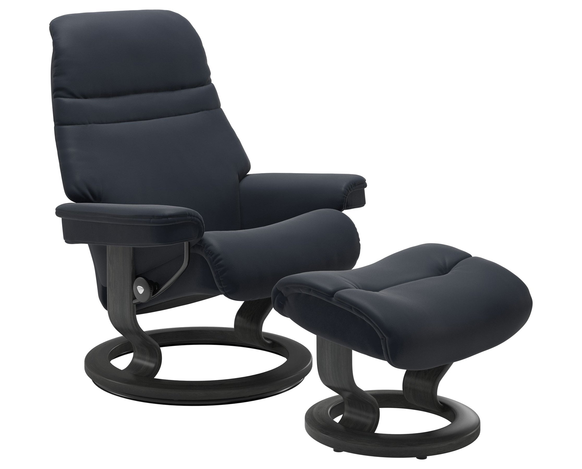 Paloma Leather Shadow Blue S/M/L and Grey Base | Stressless Sunrise Classic Recliner | Valley Ridge Furniture