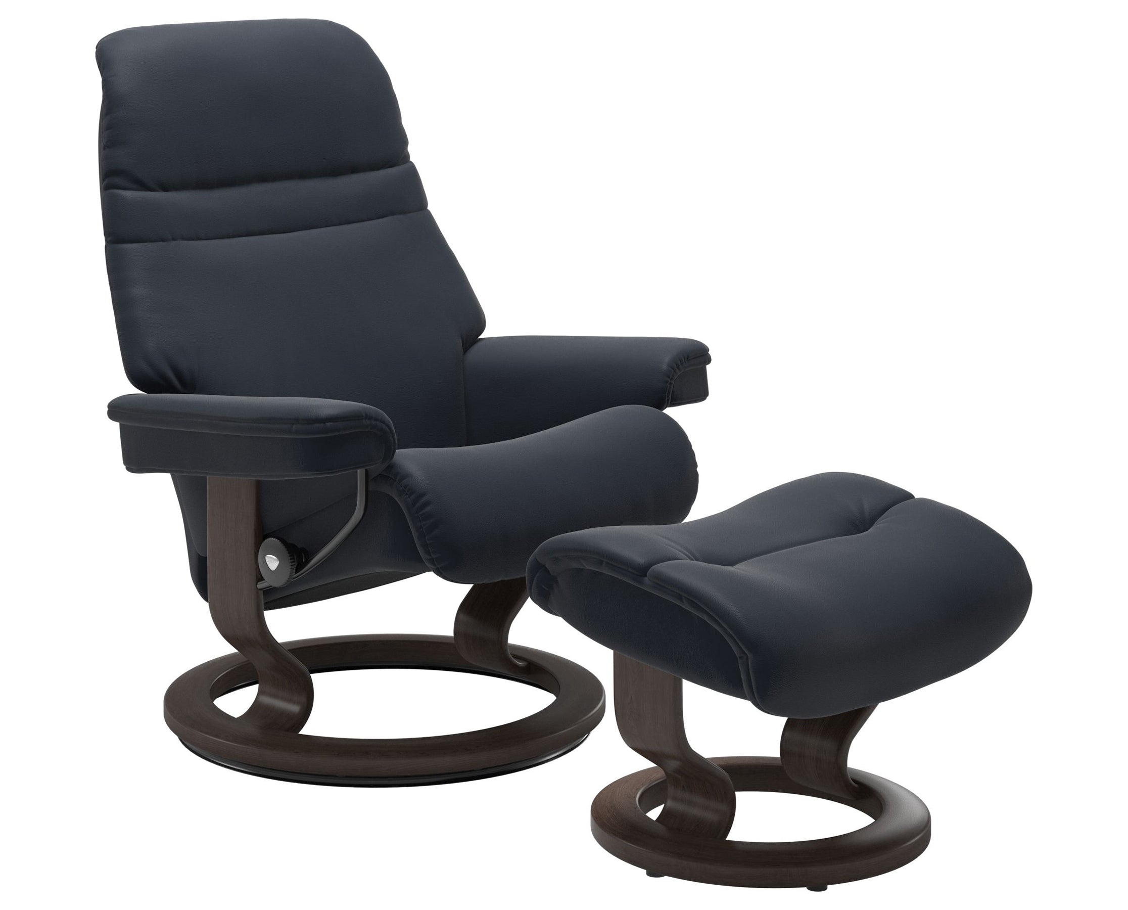 Paloma Leather Shadow Blue S/M/L and Wenge Base | Stressless Sunrise Classic Recliner | Valley Ridge Furniture