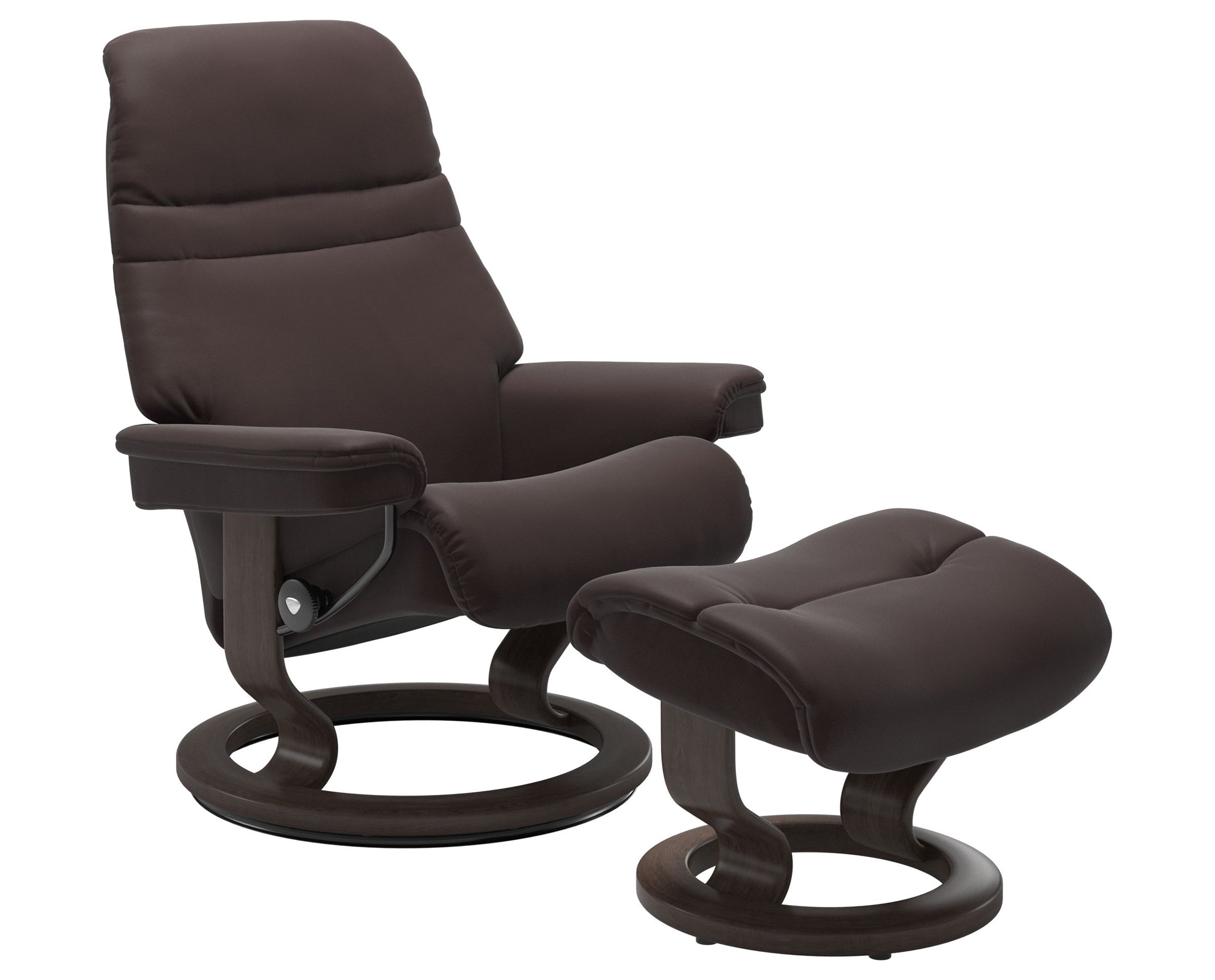 Paloma Leather Chocolate S/M/L and Wenge Base | Stressless Sunrise Classic Recliner | Valley Ridge Furniture