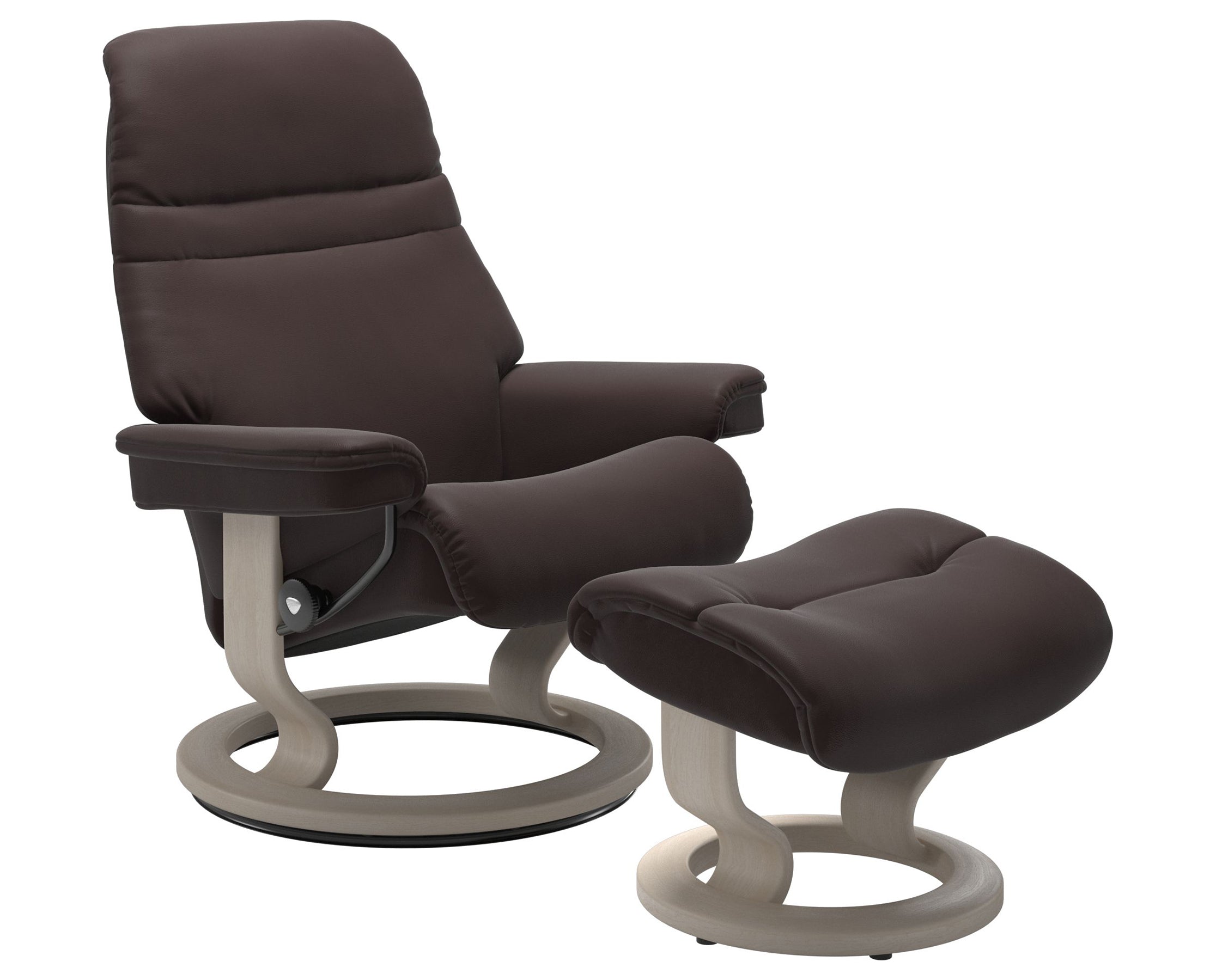 Paloma Leather Chocolate S/M/L and Whitewash Base | Stressless Sunrise Classic Recliner | Valley Ridge Furniture