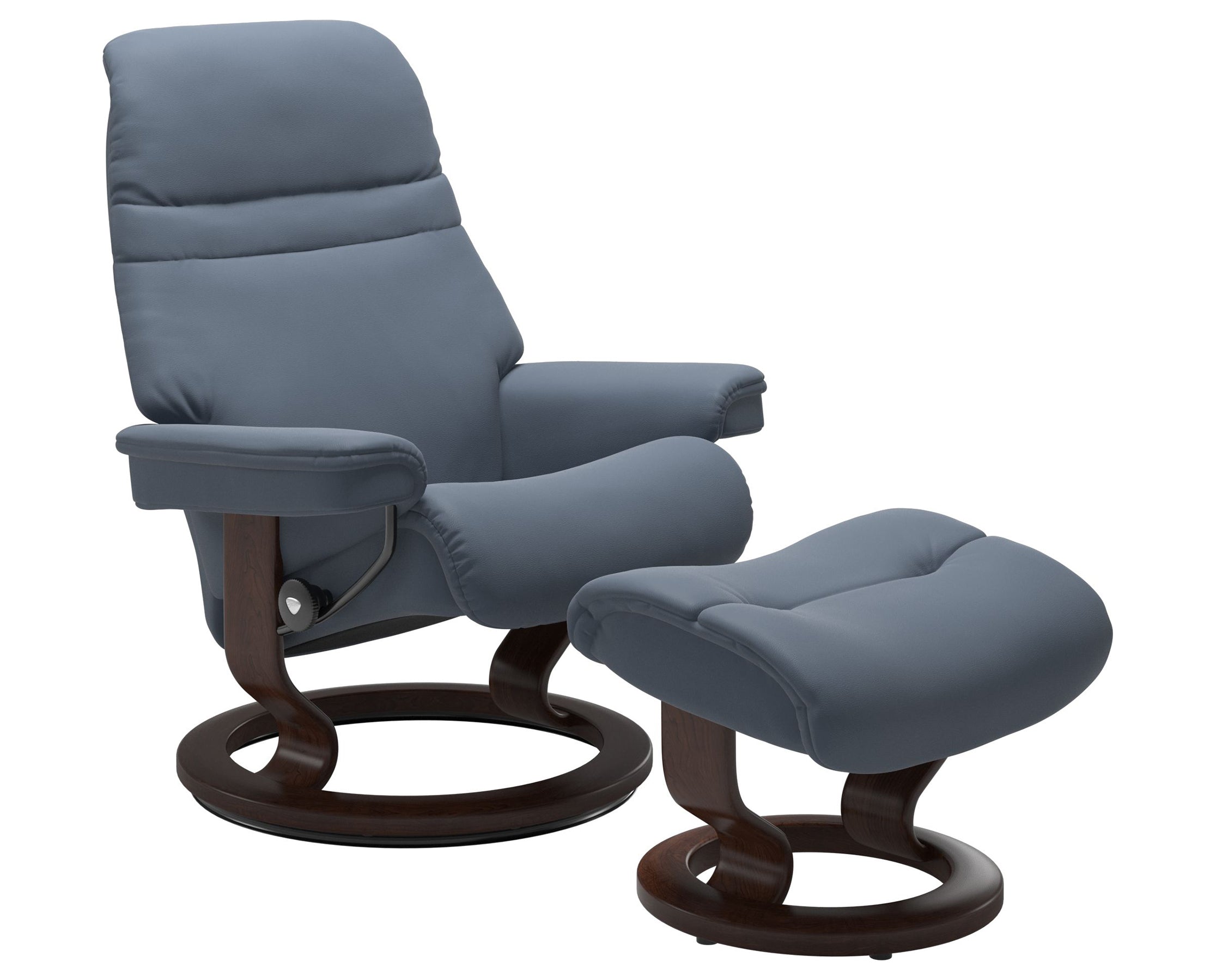Paloma Leather Sparrow Blue S/M/L and Brown Base | Stressless Sunrise Classic Recliner | Valley Ridge Furniture