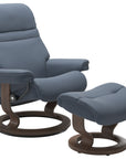Paloma Leather Sparrow Blue S/M/L and Walnut Base | Stressless Sunrise Classic Recliner | Valley Ridge Furniture
