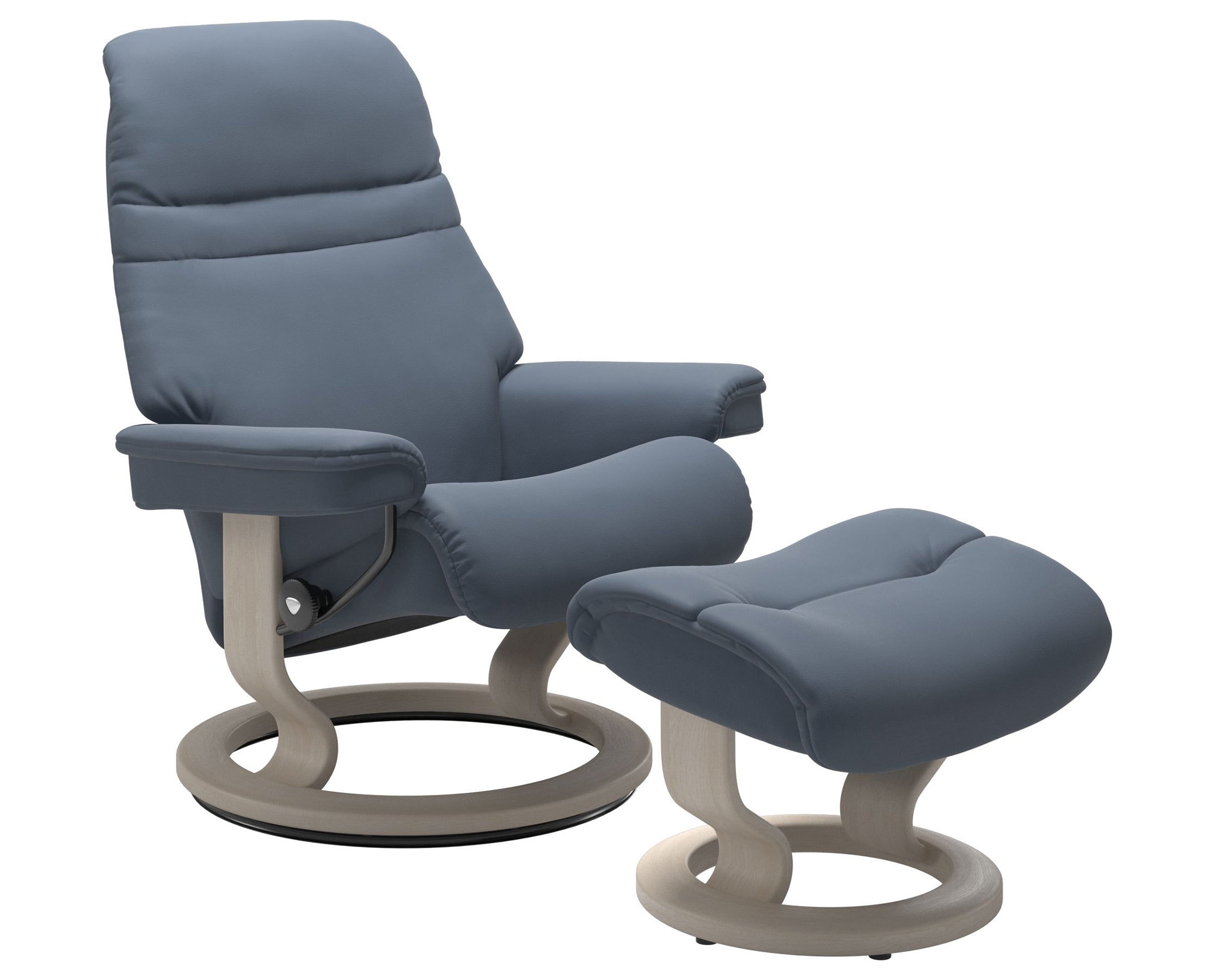 Paloma Leather Sparrow Blue S/M/L and Whitewash Base | Stressless Sunrise Classic Recliner | Valley Ridge Furniture