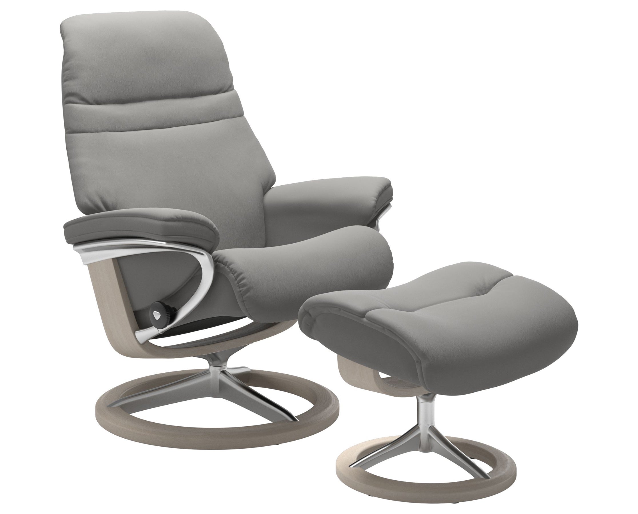 Paloma Leather Silver Grey S/M/L and Whitewash Base | Stressless Sunrise Signature Recliner | Valley Ridge Furniture