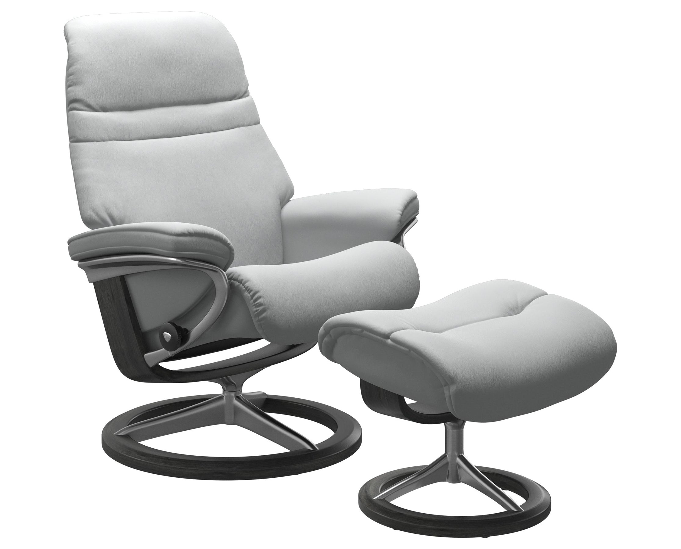 Paloma Leather Misty Grey S/M/L and Grey Base | Stressless Sunrise Signature Recliner | Valley Ridge Furniture