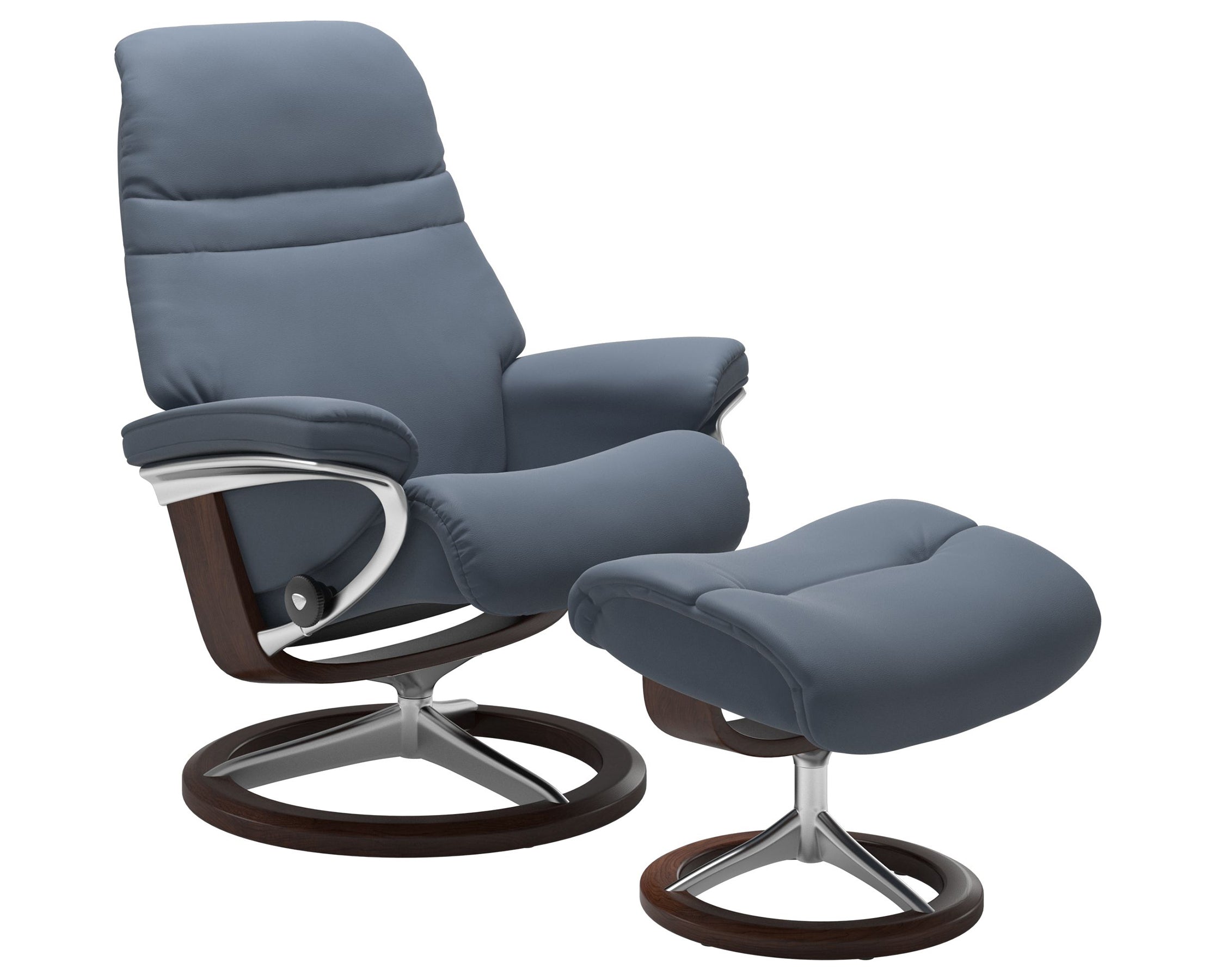 Paloma Leather Sparrow Blue S/M/L and Brown Base | Stressless Sunrise Signature Recliner | Valley Ridge Furniture