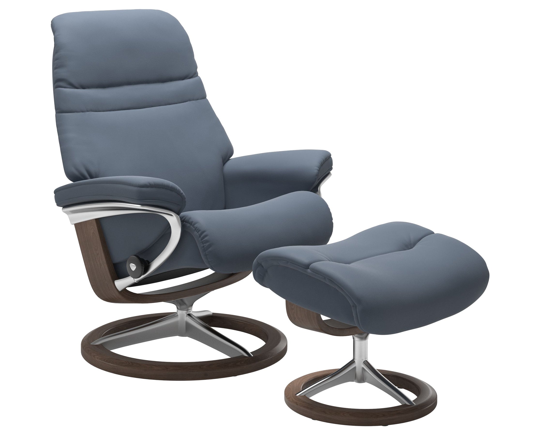 Paloma Leather Sparrow Blue S/M/L and Walnut Base | Stressless Sunrise Signature Recliner | Valley Ridge Furniture