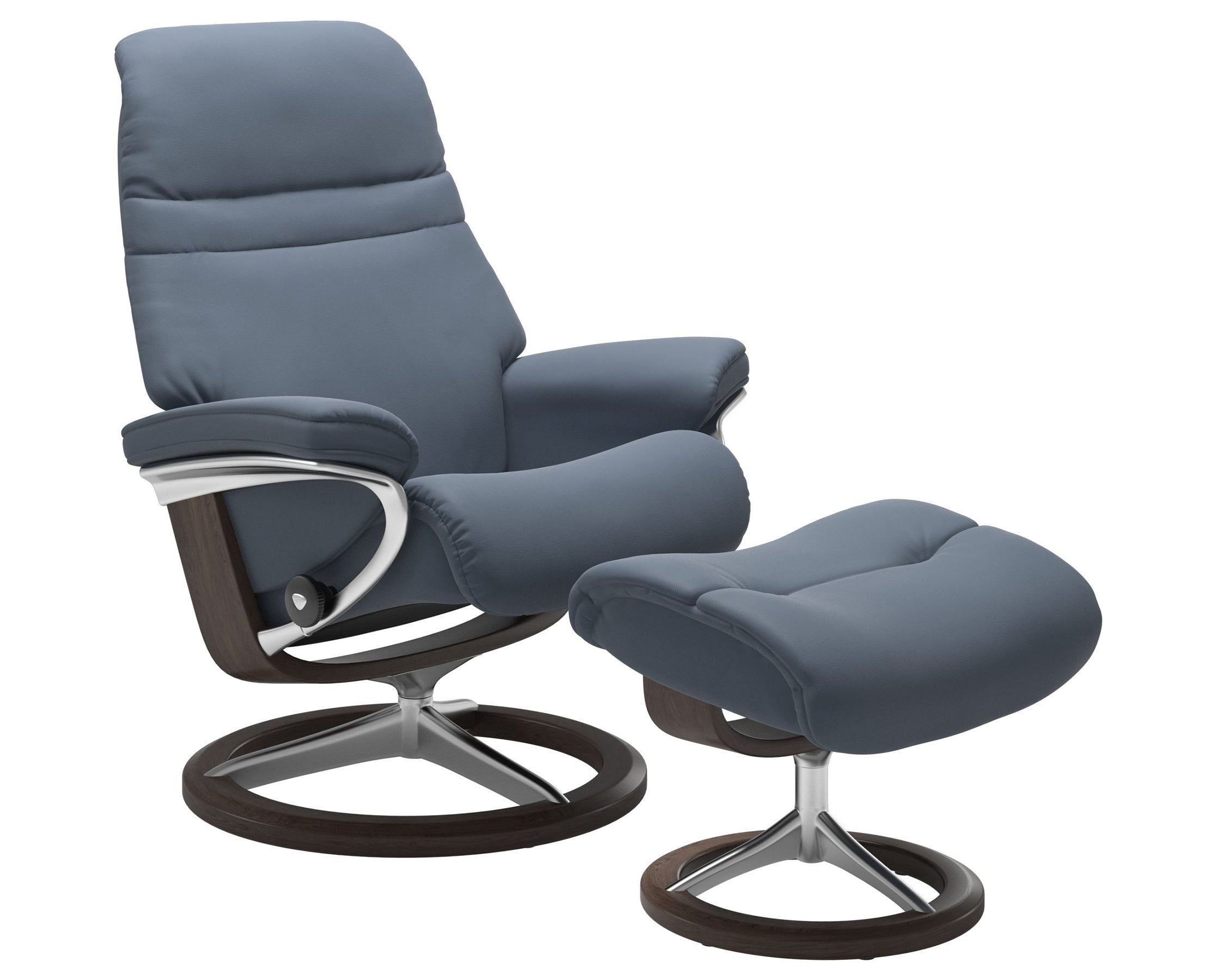 Paloma Leather Sparrow Blue S/M/L and Wenge Base | Stressless Sunrise Signature Recliner | Valley Ridge Furniture