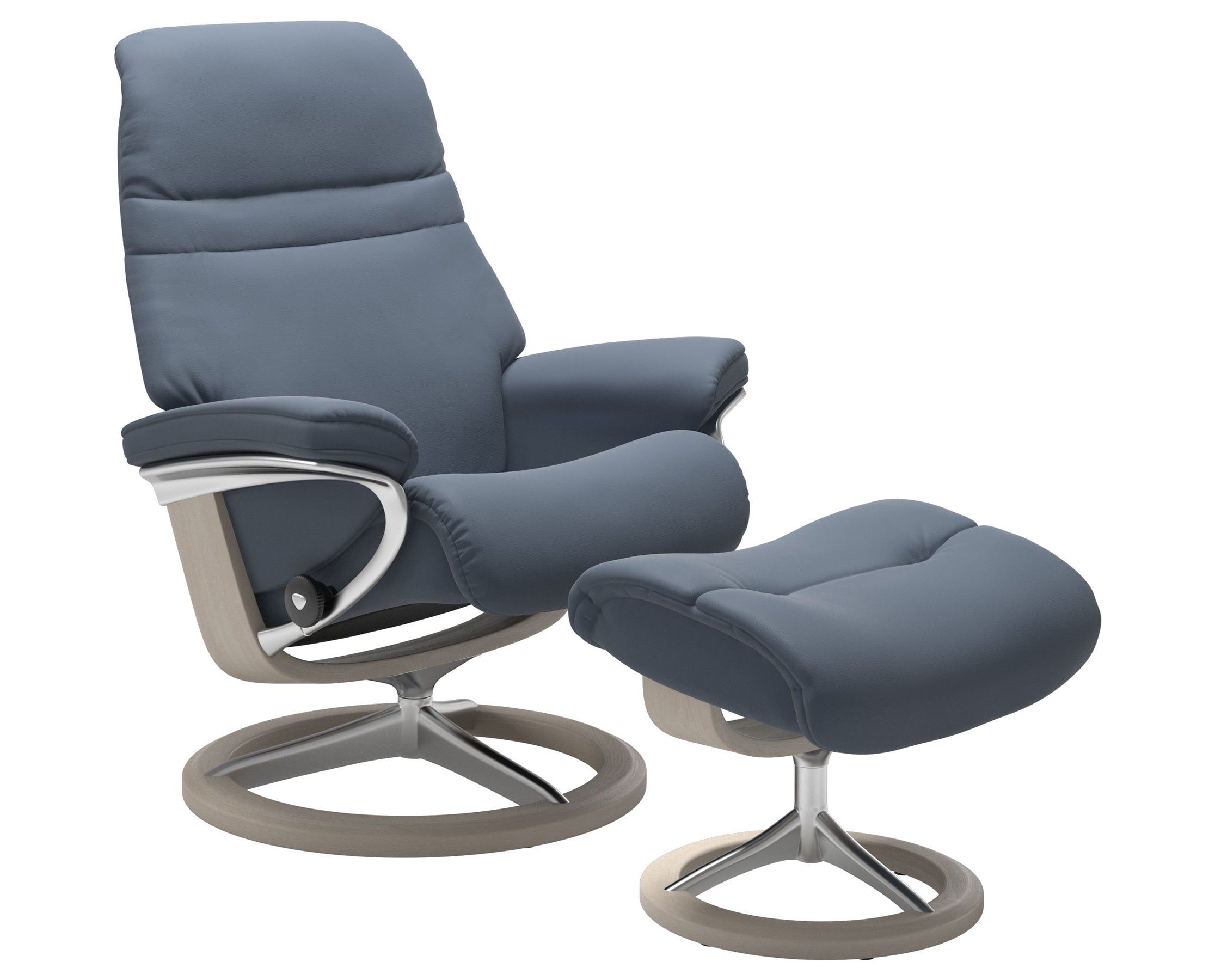 Paloma Leather Sparrow Blue S/M/L and Whitewash Base | Stressless Sunrise Signature Recliner | Valley Ridge Furniture