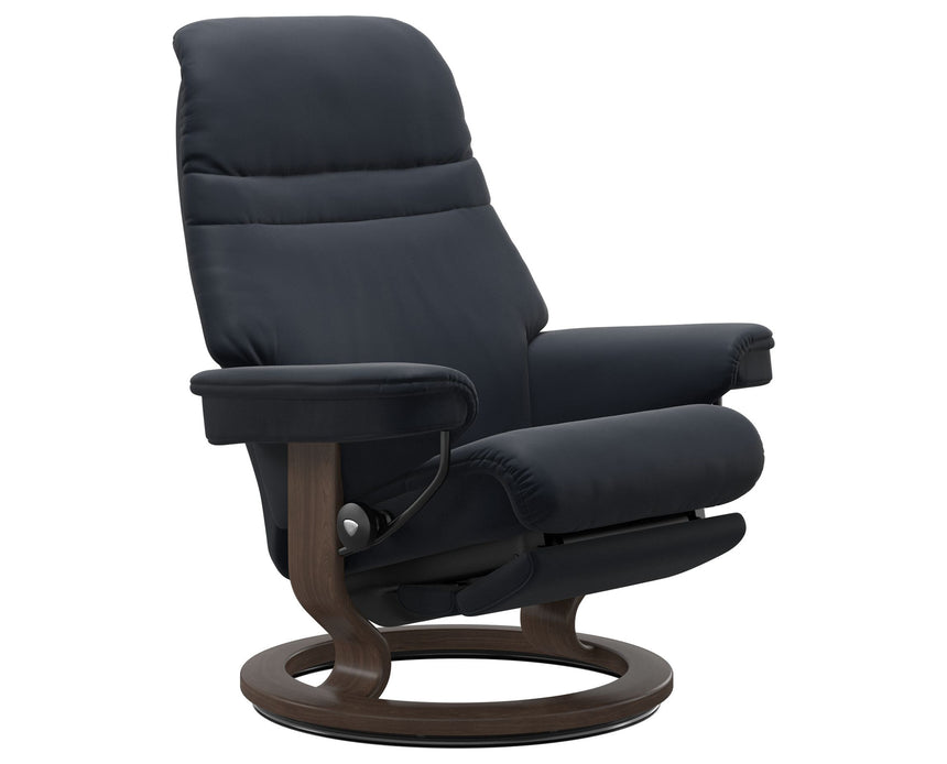 Paloma Leather Shadow Blue M/L & Walnut Base | Stressless Sunrise Classic Power Recliner | Valley Ridge Furniture
