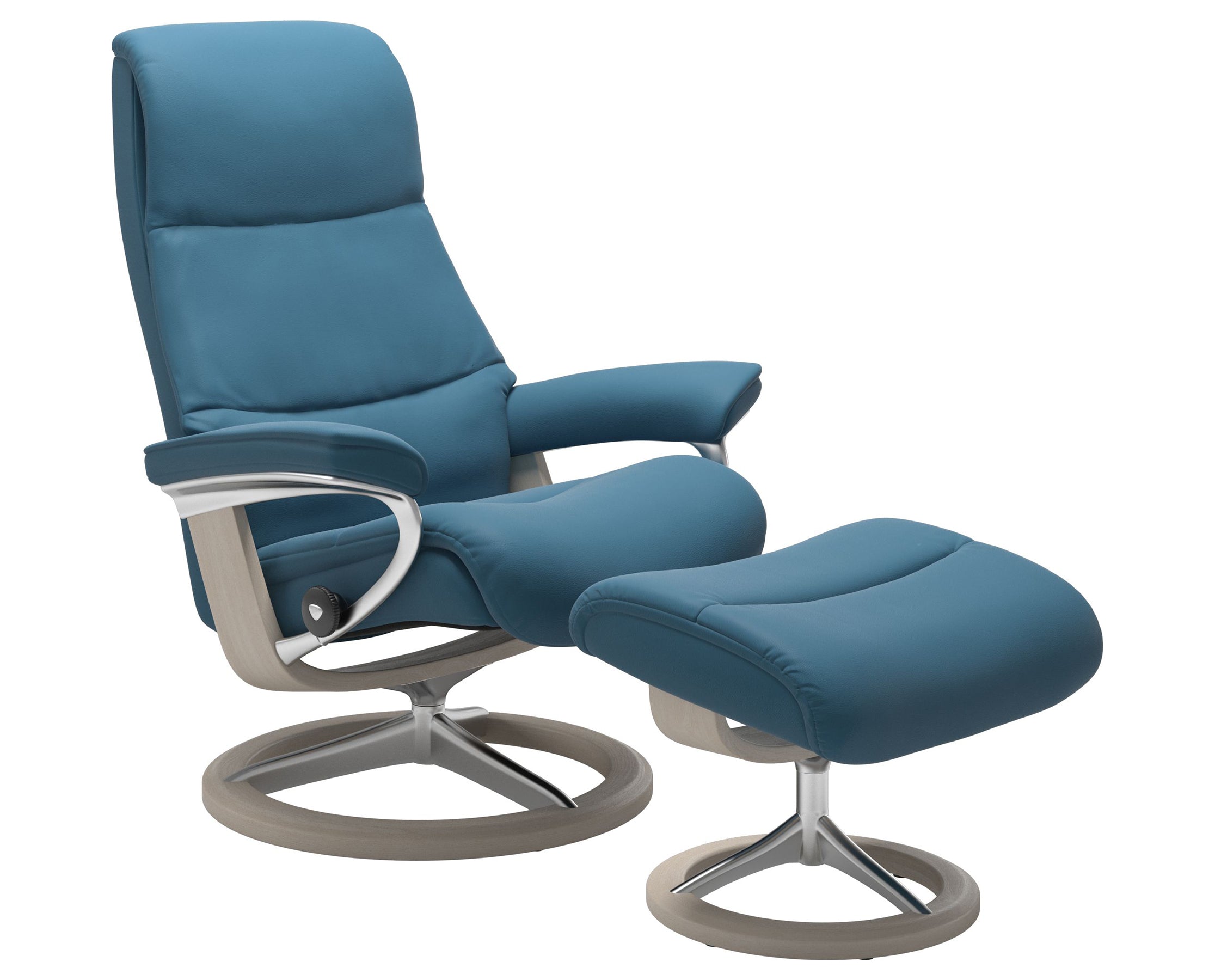 Paloma Leather Crystal Blue S/M/L and Whitewash Base | Stressless View Signature Recliner | Valley Ridge Furniture