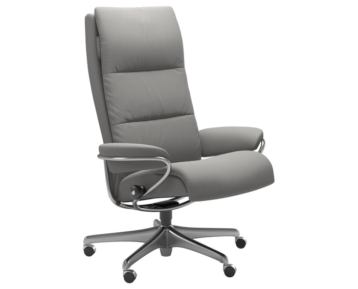 Paloma Leather Silver Grey M & Chrome Base | Stressless Tokyo High Back Home Office Chair | Valley Ridge Furniture