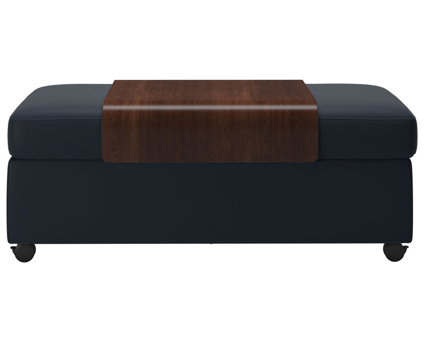 Paloma Leather Oxford Blue and Brown Finish | Stressless Double Ottoman with Table | Valley Ridge Furniture