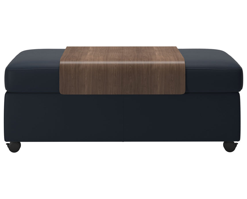 Paloma Leather Oxford Blue and Walnut Finish | Stressless Double Ottoman with Table | Valley Ridge Furniture