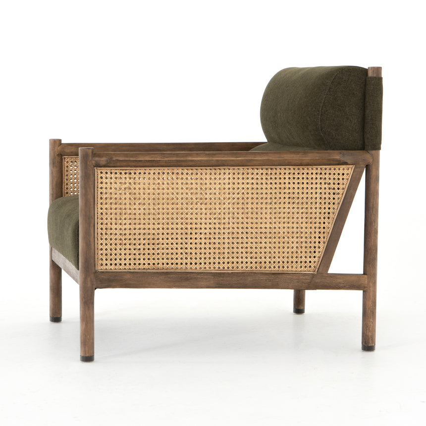 Sutton Olive Fabric & Natural Cane Rattan with Distressed Natural Parawood & Gunmetal Iron | Kempsey Chair | Valley Ridge Furniture