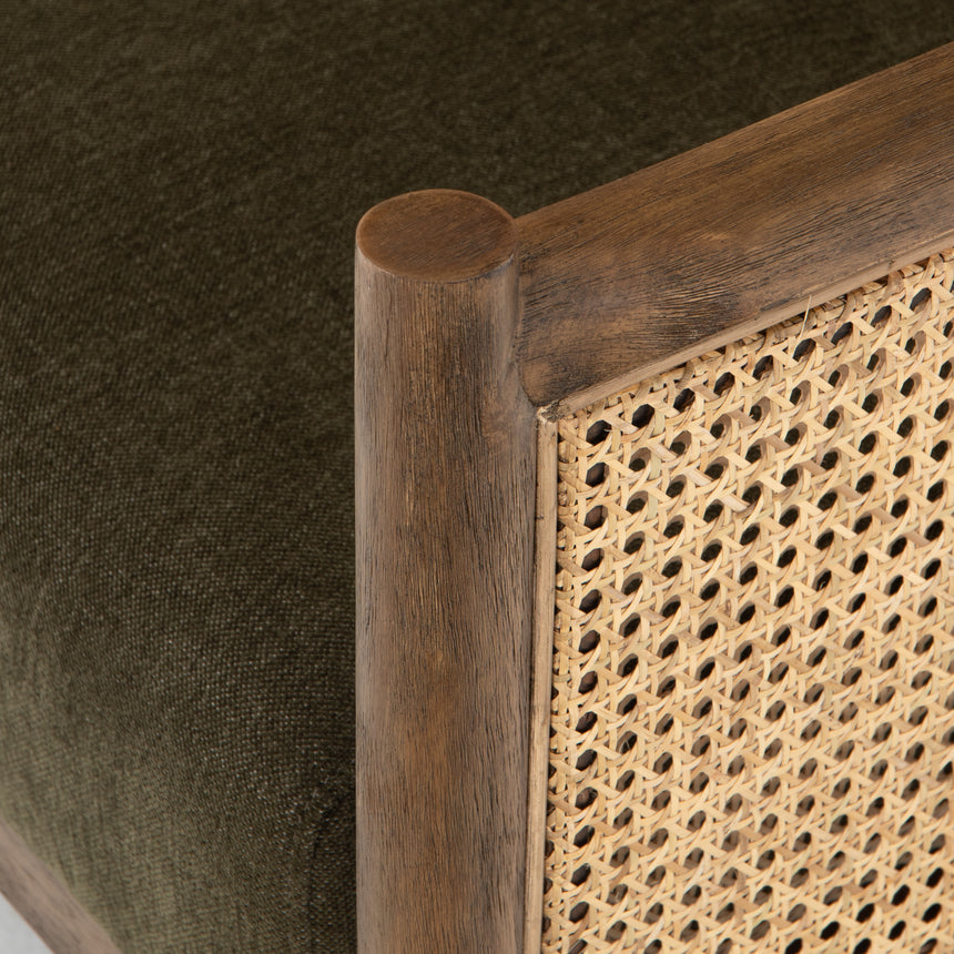 Sutton Olive Fabric & Natural Cane Rattan with Distressed Natural Parawood & Gunmetal Iron | Kempsey Chair | Valley Ridge Furniture