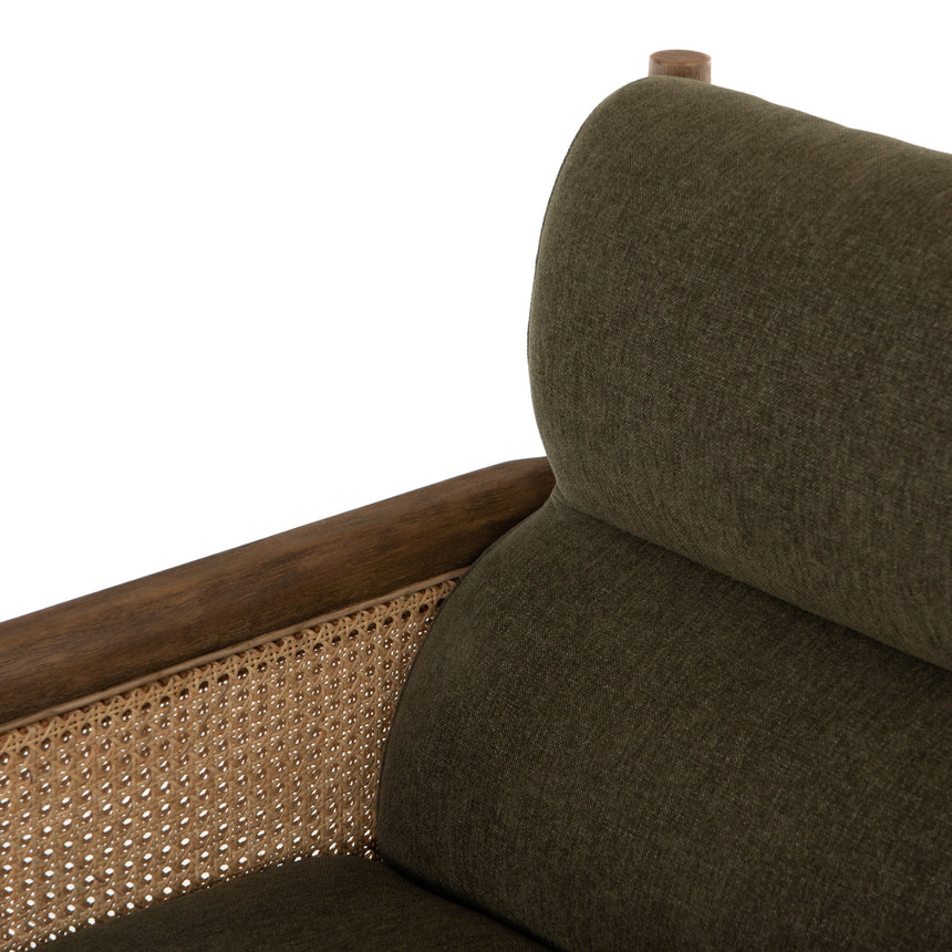Sutton Olive Fabric & Natural Cane Rattan with Distressed Natural Parawood & Gunmetal Iron | Kempsey Chair | Valley Ridge Furniture