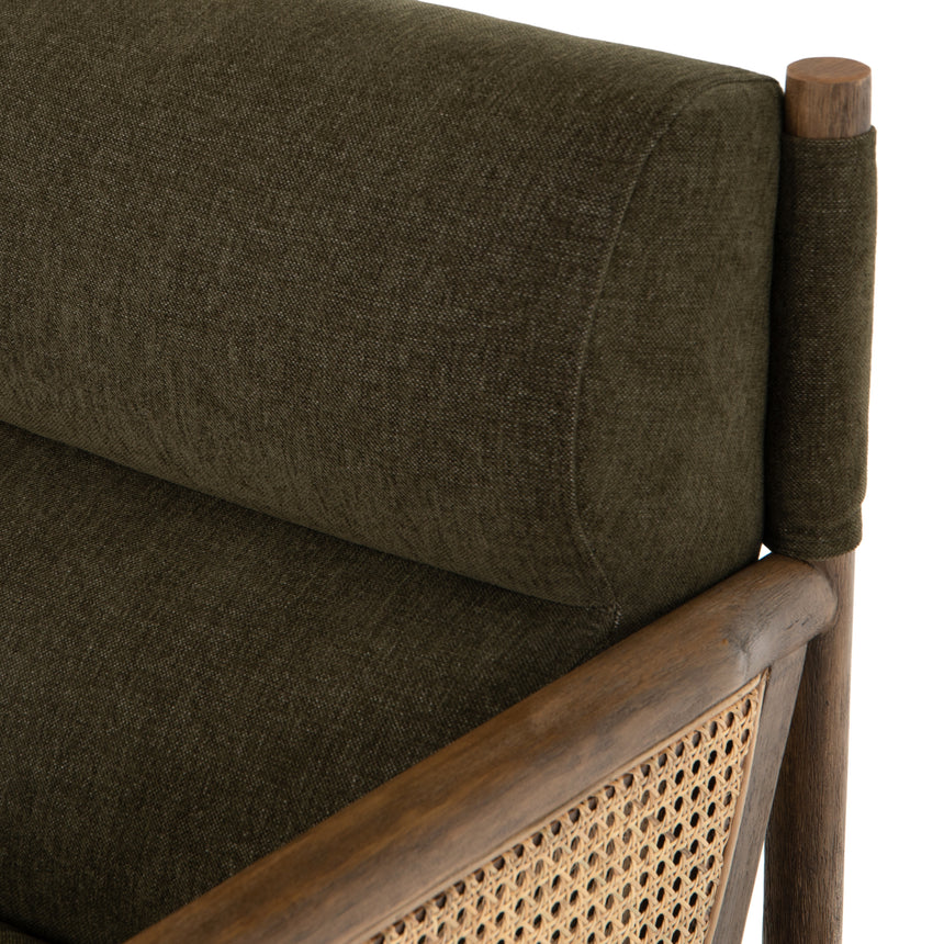 Sutton Olive Fabric & Natural Cane Rattan with Distressed Natural Parawood & Gunmetal Iron | Kempsey Chair | Valley Ridge Furniture