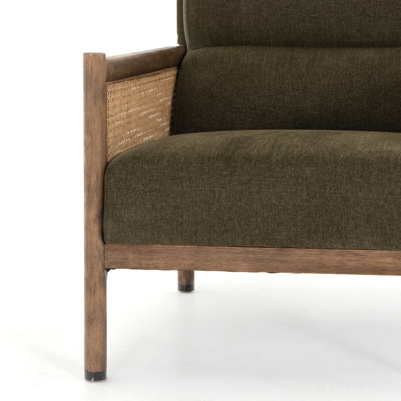Sutton Olive Fabric & Natural Cane Rattan with Distressed Natural Parawood & Gunmetal Iron | Kempsey Chair | Valley Ridge Furniture