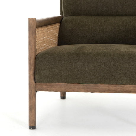 Sutton Olive Fabric & Natural Cane Rattan with Distressed Natural Parawood & Gunmetal Iron | Kempsey Chair | Valley Ridge Furniture