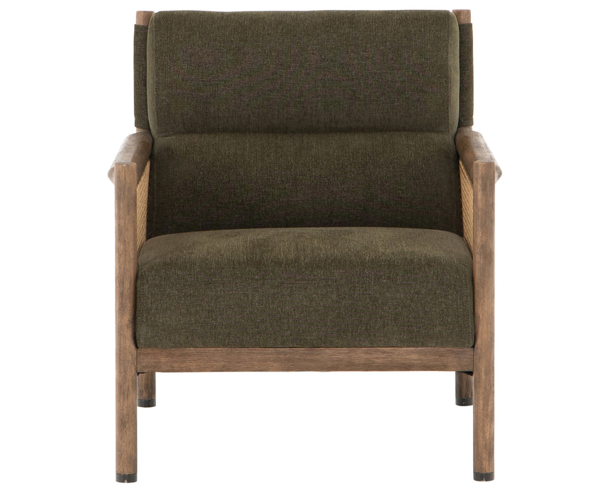 Sutton Olive Fabric & Natural Cane Rattan with Distressed Natural Parawood & Gunmetal Iron | Kempsey Chair | Valley Ridge Furniture
