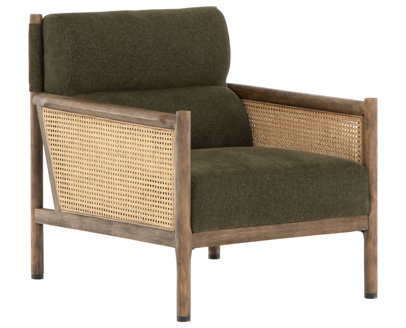 Sutton Olive Fabric & Natural Cane Rattan with Distressed Natural Parawood & Gunmetal Iron | Kempsey Chair | Valley Ridge Furniture