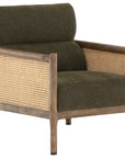 Sutton Olive Fabric & Natural Cane Rattan with Distressed Natural Parawood & Gunmetal Iron | Kempsey Chair | Valley Ridge Furniture