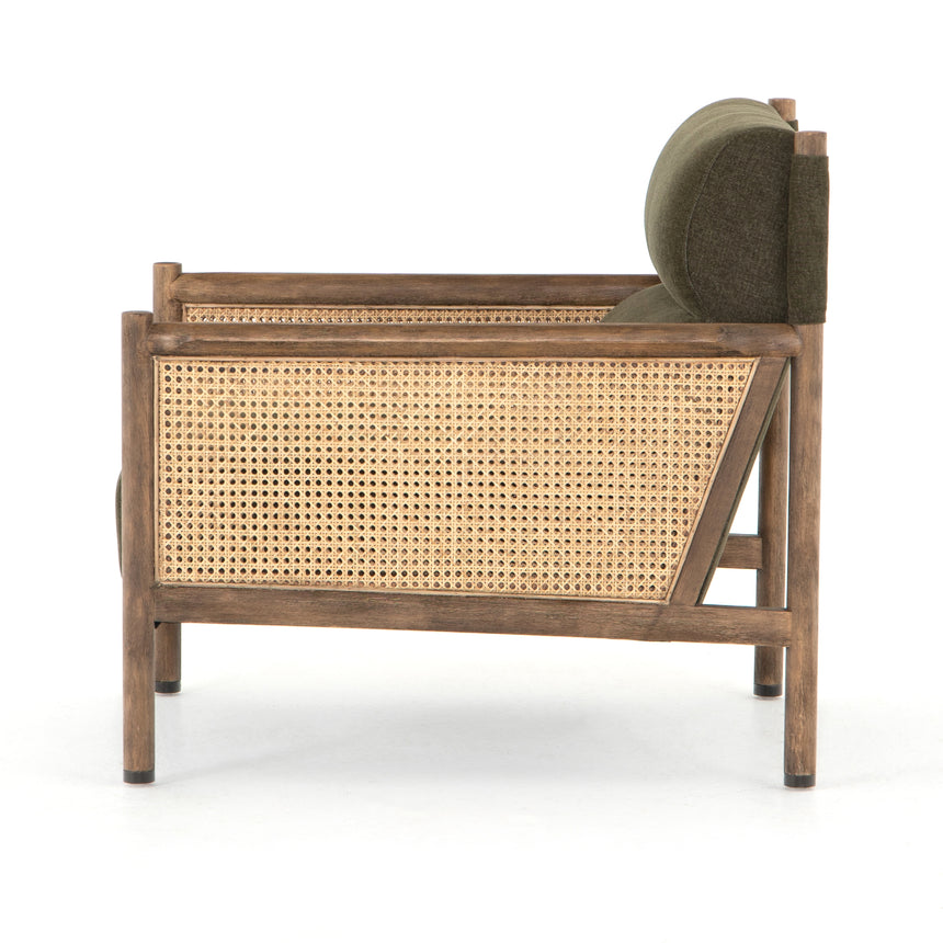 Sutton Olive Fabric & Natural Cane Rattan with Distressed Natural Parawood & Gunmetal Iron | Kempsey Chair | Valley Ridge Furniture