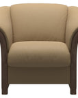 Paloma Leather Sand and Walnut Arm Trim | Stressless Manhattan Chair | Valley Ridge Furniture