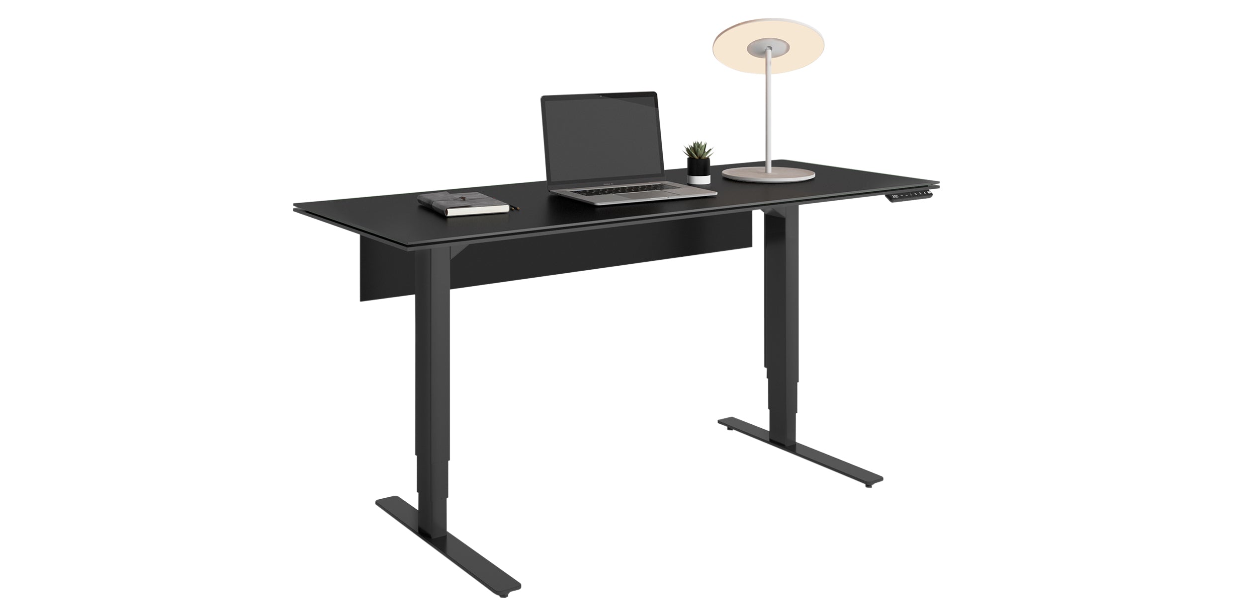 Black Satin-Etched Glass & Black Steel | BDI Stance Lift Desk | Valley Ridge Furniture