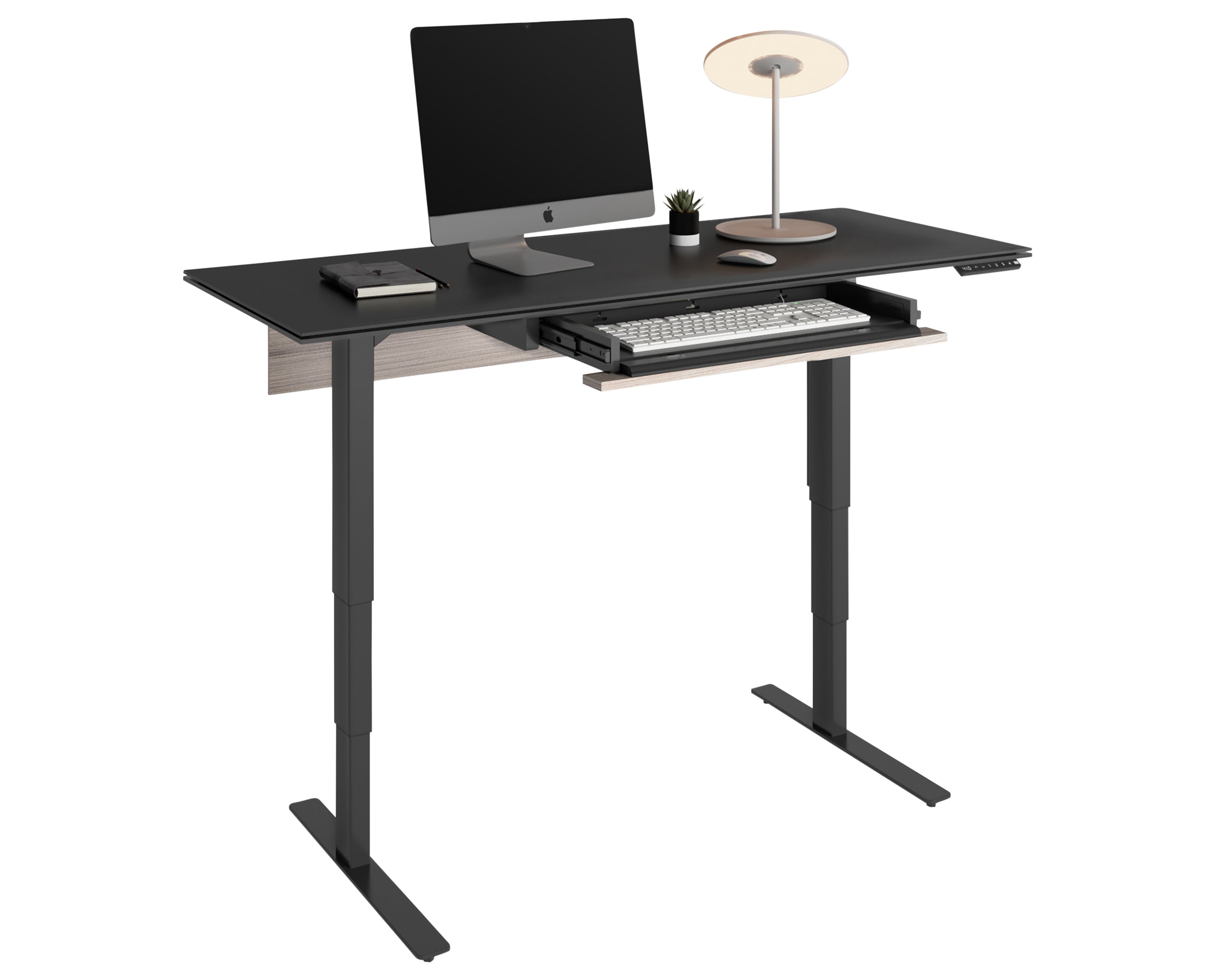 Black Satin-Etched Glass &amp; Black Steel | BDI Stance Lift Desk | Valley Ridge Furniture