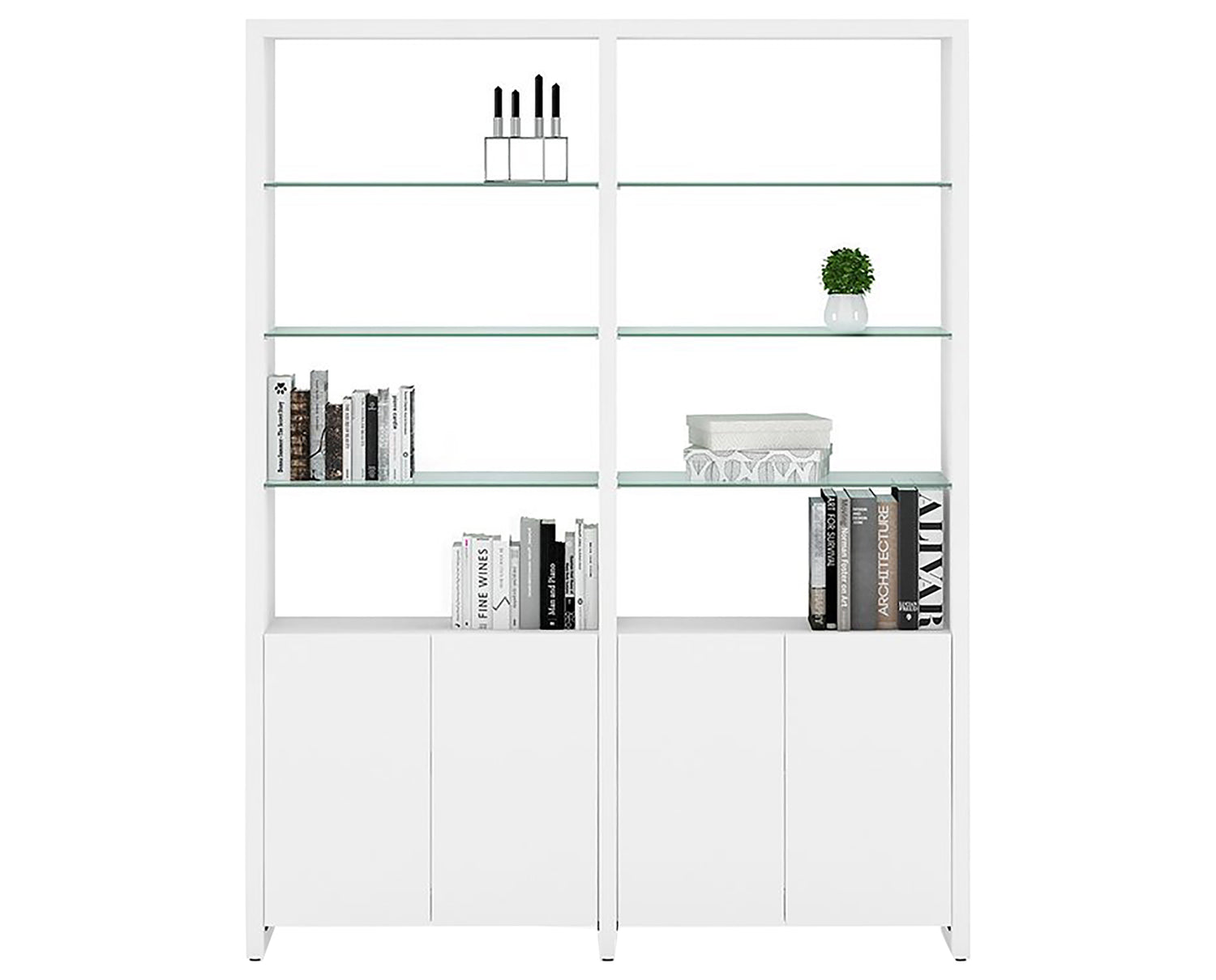 Satin White Veneer & Polished Tempered Glass | BDI Linea 64" Shelf | Valley Ridge Furniture