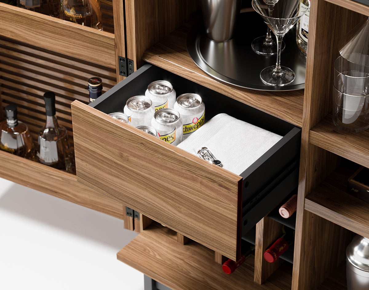 Natural Walnut & Natural Walnut Veneer with Black Satin-Etched Glass & Black Steel | BDI Corridor Bar | Valley Ridge Furniture