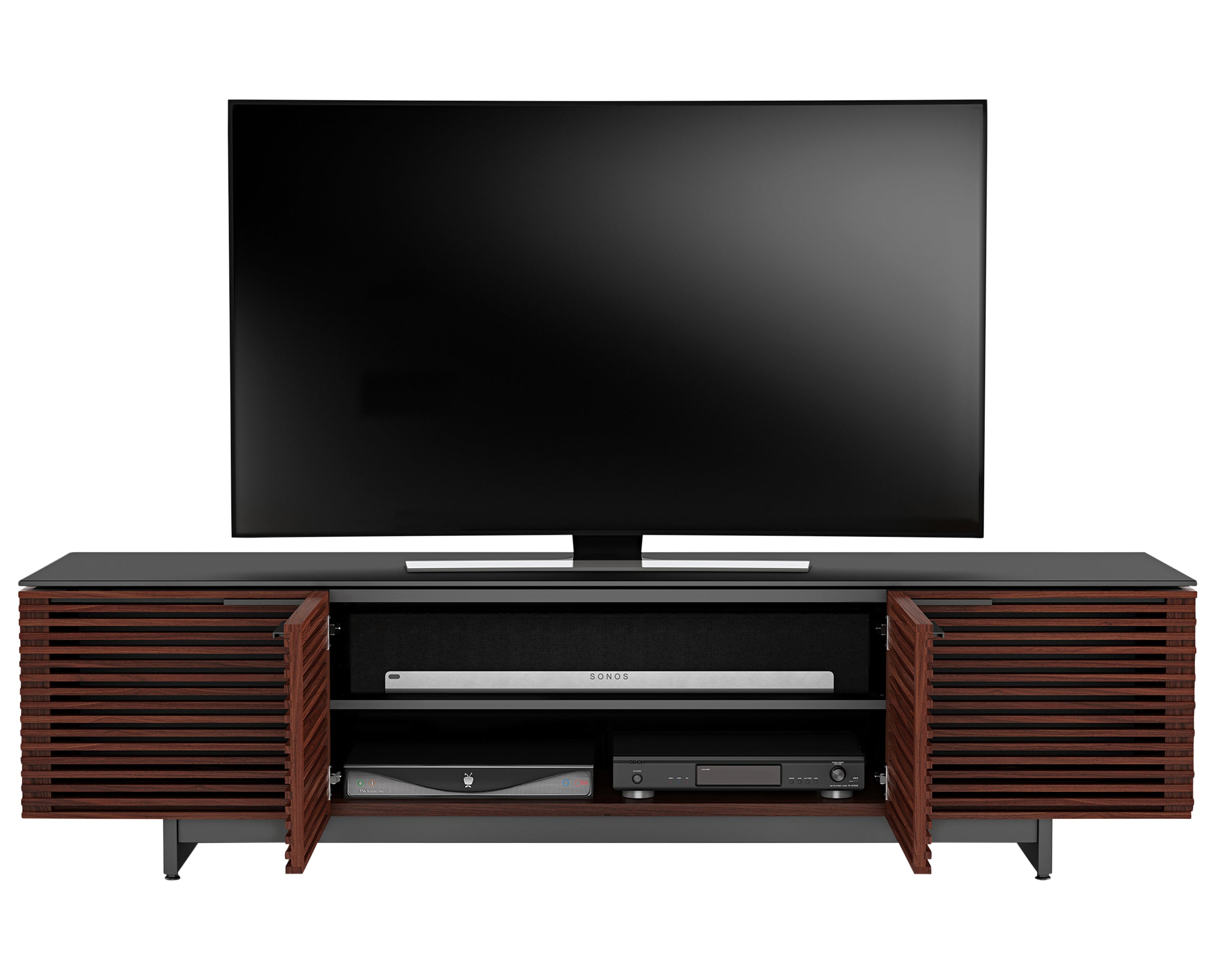 Chocolate Stained Walnut &amp; Chocolate Walnut Veneer with Black Satin-Etched Glass &amp; Black Steel | BDI Corridor Low Profile TV Stand | Valley Ridge Furniture