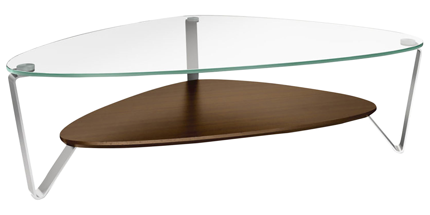 Chocolate Walnut Veneer & Polished Glass with Satin Nickel Steel | BDI Dino Large Coffee Table | Valley Ridge Furniture