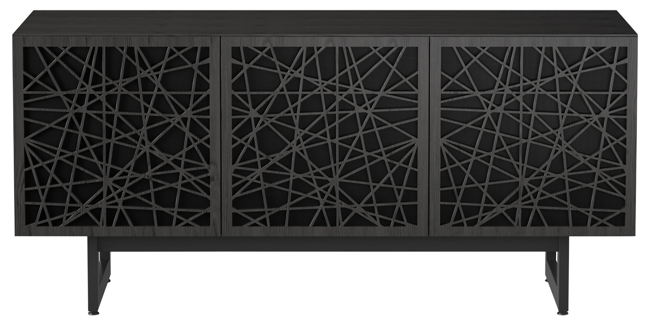 Charcoal Ash Veneer &amp; Black Perforated Steel with Black Steel (Ricochet) | BDI Elements Media Cabinet | Valley Ridge Furniture